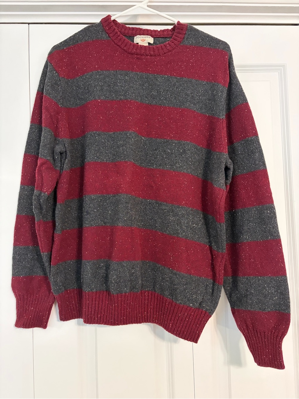 Dockers Men’s Red and Gray Wide-Stripe Crewneck Sweater